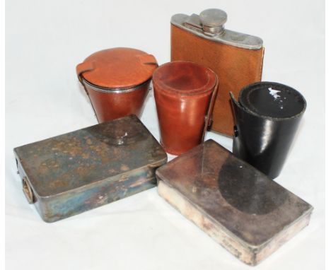 		Hunting flasks, hip flask and two plated boxes