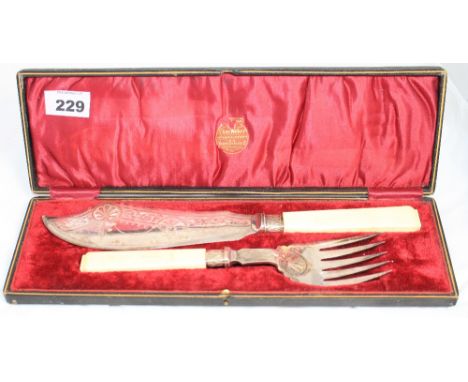 		Plated fish fork and slice with ivory handles. Morocco cased