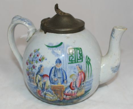 		A 19th Century Chinese lustre glazed teapot painted with figures in a garden, pewter mount and lid. 5 ¼' high
