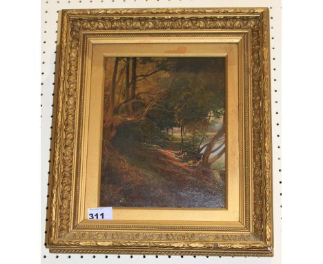 		E. M. Welch. Near Camp, Worcester. Signed initial, inscribed verso and dated 1890. Oil on mahogany panel 10' x 8'