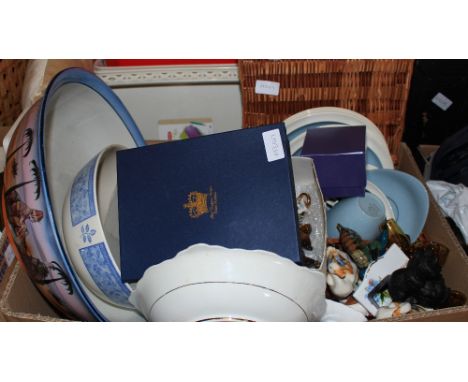 		A box of china and sundries with a hanging lamp