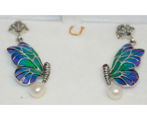 		A pair of silver enamel and freshwater pearl earrings