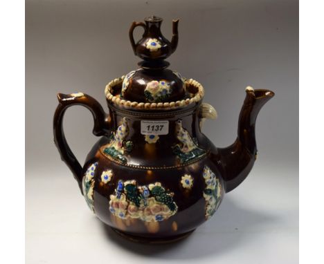 A Victorian Bargeware teapot, Remember Me, 34cm high