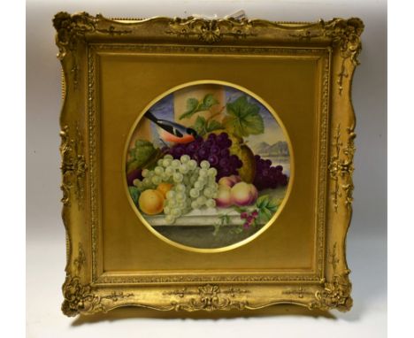An English porcelain circular plaque,  painted by Thomas Steele, with bulfinch, grapes and peaches on a marble ledge, circula