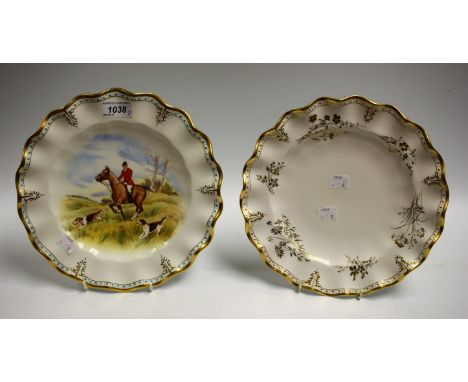 Ceramics - a Royal Crown Derby wavy edge hand painted plate, hunting scene; another (2)