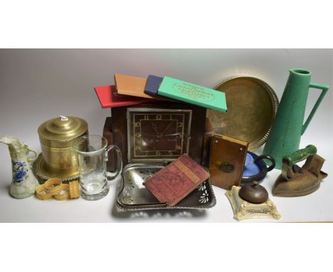 Boxes and Objects - bone napkin rings; coinage sets; The Financial Times desk bell; EPNS biscuit barrel; Art Deco style mante