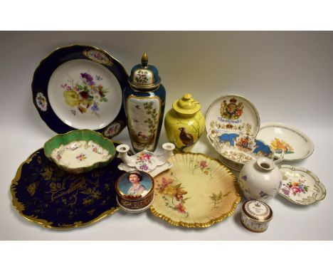 A Royal Worcester blush ivory shaped circular plate; a pair of Royal Crown Derby Posie pattern two branch dressing table cand