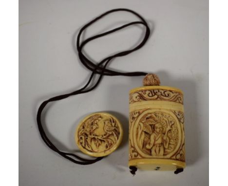 A Japanese bone two-section inro, netsuke en suite, 39cm drop 