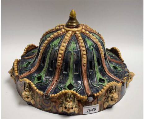 A Victorian Majolica lion mask hanging lamp shade