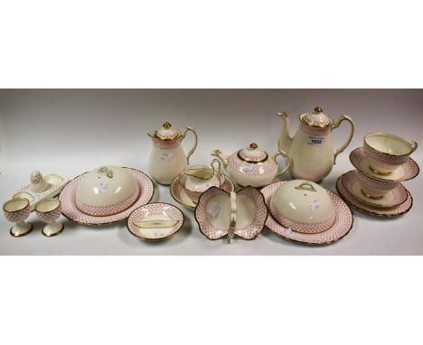 Ceramics - a Royal Chelsea part tea/coffee service, Pink Star pattern on white ground, gilt detail, coffee pot, teapot, hot w