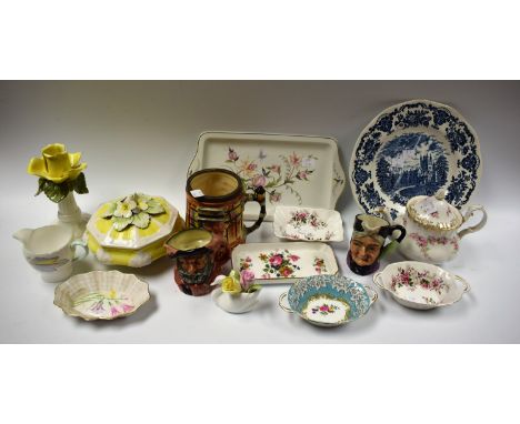 Ceramics - a Royal Worcester Chantilly pattern cake stand and slice;  Royal Doulton character jugs, others;  Shelly trinket b