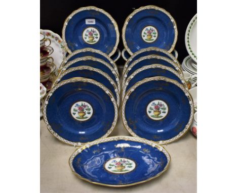 A Copeland Spode dessert service, comprising ten shaped circular plates, two comports and shaped oval dish, printed and paint