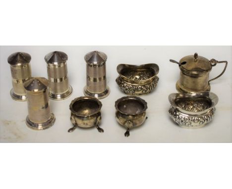 A George V silver five piece cruet set, engine turned, comprising a pair of salts, a pair of peppers and a tankard mustard, B