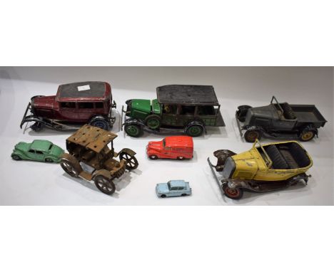 Toys - an American Pickup Truck, grey body, black wings, removable black roof, cream wheels; others Ford Model A Station Wago