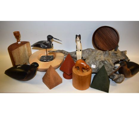 Treen - a quantity of wood blocks, various woods; a driftwood sculptural item; a turned Chestnut bowl; etc