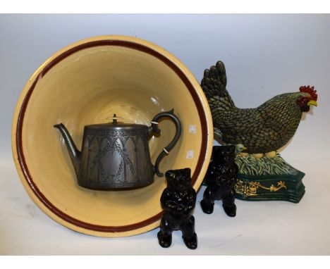 A stoneware pancheon; a pair of cast iron standing bears; a reproduction cast iron hen with chick and eggs; a Victorian EPBM 