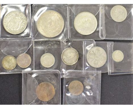 UK silver coins: 2/6 1920 VF, 1942 AEF; 2/- 1926 VF; 1/- 887 AF, 1942E EF; 6d 1887 AEF, 1926 EF, 1946 F; 3d 1926 VF also bron