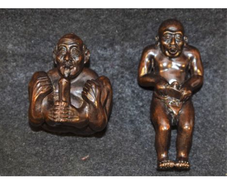 A Japanese erotic novelty hardwood netsuke, as an emaciated man exposing himself, 4.2cm high; another, similar, 6.5cm high, [