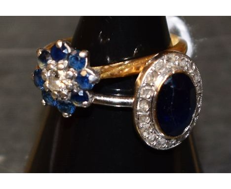 Rings - a sapphire and diamond oval cluster ring, white metal shank, 3g gross;  another floral cluster, platinum and 18ct gol