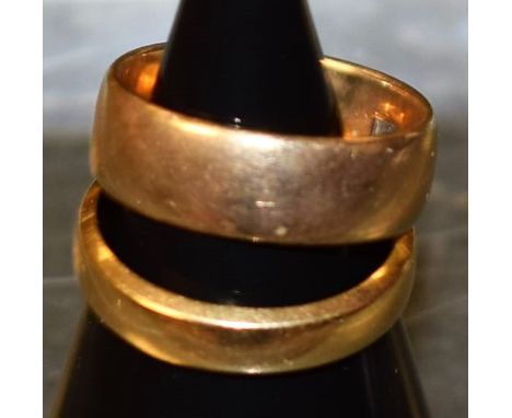An 18ct gold wedding band, 3.3g;  another 9ct gold, 3.4g, both size K (2)