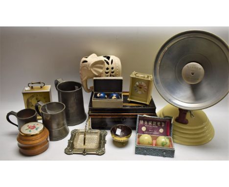 Boxes and Objects - a silver thimble, Birmingham 1913; a Middle Eastern brass and coconut bowl; a Barber health lamp; pewter 