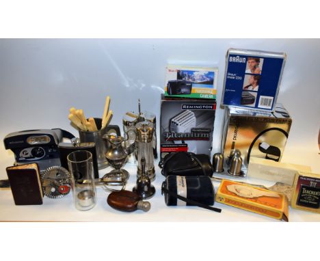 Boxes and Objects - a Minolta X300 SLR camera with 50mm lens; others, Polaroid, etc.; hip flask; quantity of silver plated fl