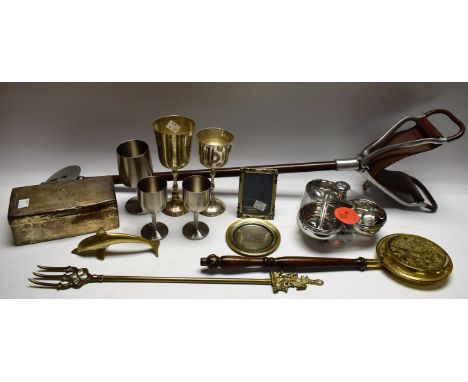 A silver cigarette box; a shooting stick; a brass toasting fork; EP goblets; etc