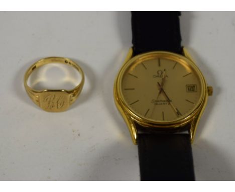 Watches & Jewellery - an Omega Seamaster Quartz gold plated gentleman's wristwatch. leather strap;  a 9 ct gold signet ring, 