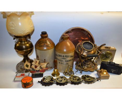 Boxes and Objects - a stoneware handled flagon, Hollows & Fentiman, Idle; another, Stantons Beverages; a polished stone mante