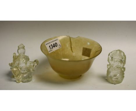 A Chinese jade flared bowl, 11cm diam (faults); a pair of crystal-type carvings (2), [3] 