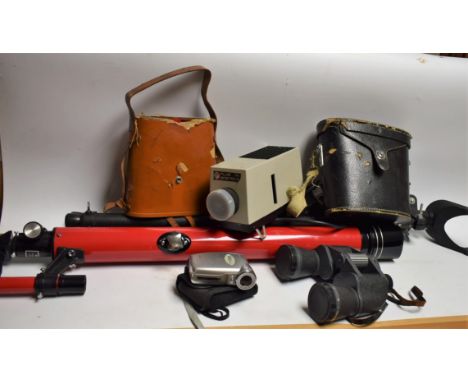 A telescope and tripod; a pair of binoculars; photographic equipment; etc.