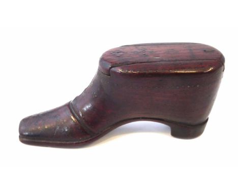 Victorian novelty treen shoe snuff box, with stud-work decoration, and  sliding cover, length 9cm.    Condition report: Minor