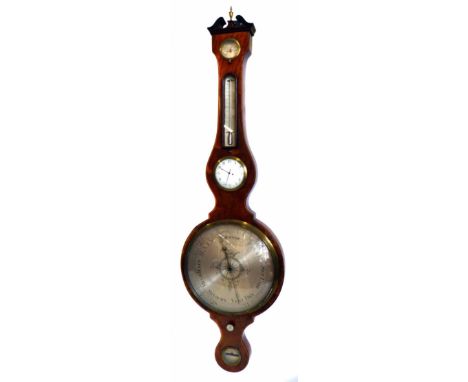 An early 19th century mahogany cased wheel barometer, signed J Hicks, 7 Redcross Square, London, with hygrometer, thermometer