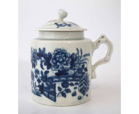 Worcester mustard pot and cover circa 1775, printed with fence pattern, crescent mark to base, (2) 9cm high     Condition rep