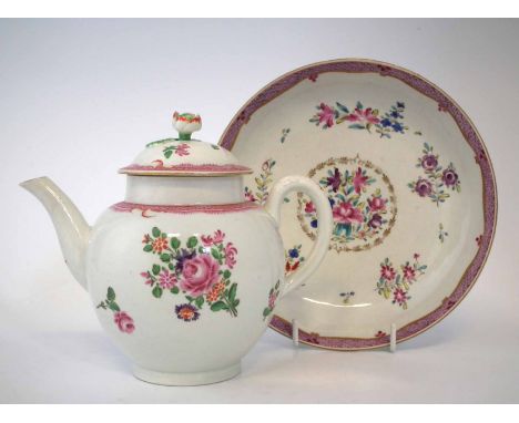 Worcester teapot and a saucer dish circa 1775, painted with floral sprays in polychrome enamel, (3) the saucer dish measures 