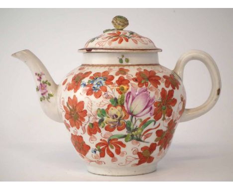 English porcelain teapot possibly Chelsea Derby circa 1780, of ogee shape painted with flora and later over glaze 'Clobbered'