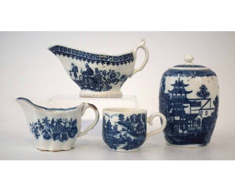Caughley circa 1780, to include a pleasure boat pattern cream boat, a three flower pattern low Chelsea Ewer, a full nankin pa