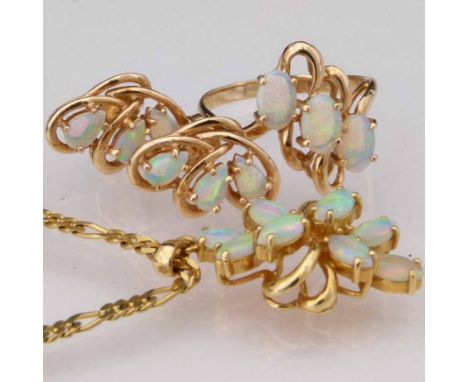 Suite of 585 gold ring, earrings, and 750 gold pendant on 9K necklace each set with oval or marquise opals in scrolled wire w