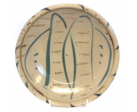 Michael Cardew (1901-1983) at Wenford Bridge shallow dish, painted with line motifs, impressed monograms to reverse, 26.5cm d