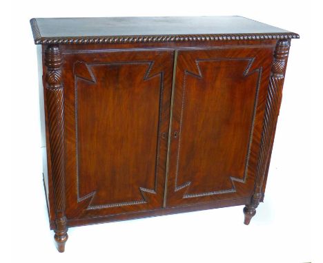 William IV mahogany side cabinet, rectangular top, cross banded in rosewood with gradoon moulded edge, two cupboard doors wit