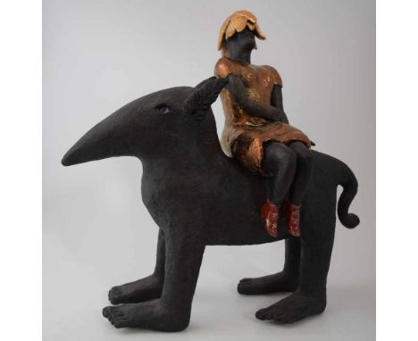 Anna Zamorska (Polish, b.1942),  Seated female on mythical creature's back, ceramic sculpture, height 63.5cm.; 25in, together