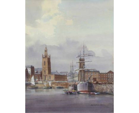 Alan Kirkpatrick (1929-),  "George Basin, Liverpool", signed, watercolour, 49.5 x 66cm.; 19.5 x 26in.    Artists' Resale Righ