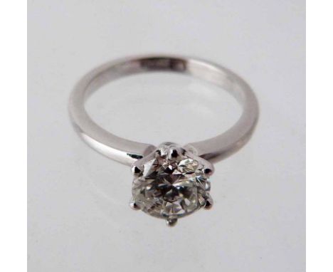 Diamond solitaire platinum ring, round brilliant cut diamond, weighing approx. 1ct, white claw setting to flame polished plat