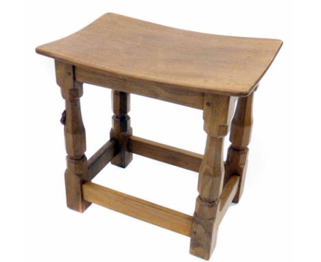 Robert "Mouseman" Thompson Oak Dish Top Stool, with four octagonal legs joined by stretchers and carved mouse signature, 38.5