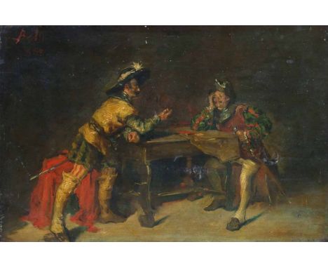 Belli, 19th century, Italian School,   Interior scene with cavaliers, signed and dated 1886, oil on panel, unframed, 30 x 46c