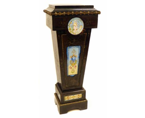 Late 19th century ebonised pedestal, decorated with cast brass beading, three majolica ceramic panels, width 40cm (16"), dept