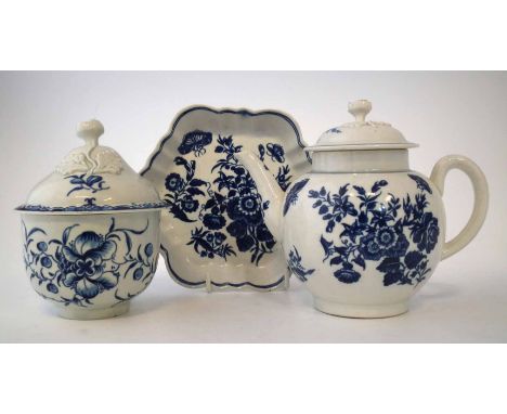 Worcester teapot and stand, printed with three flower pattern, also a Mansfield pattern sucrier, (5) The teapot has a crescen