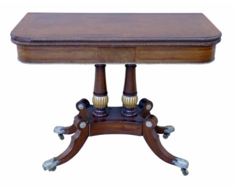 Regency mahogany fold-over card table, the cross banded top with beaded mould, frieze with cross banding and brass metal embe