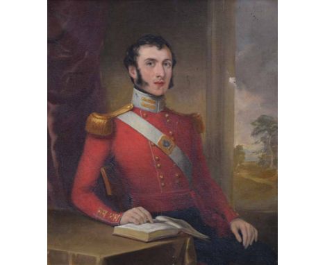 English School, 19th century,  Portrait of a seated British Army officer, oil on canvas, 34 x 29cm.; 13.5 x 11.5in set in an 