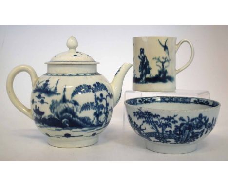 Worcester porcelain circa 1770, to include a Cannon Ball pattern teapot, a Plantation pattern bowl and a Walk in the Garden m
